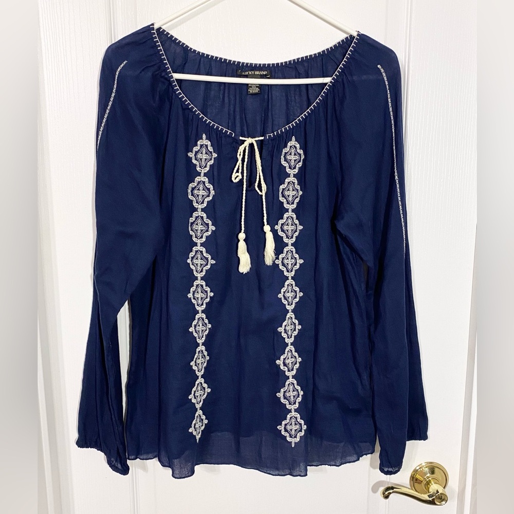 Lucky Brand Navy Blue Embroidered Peasant Blouse